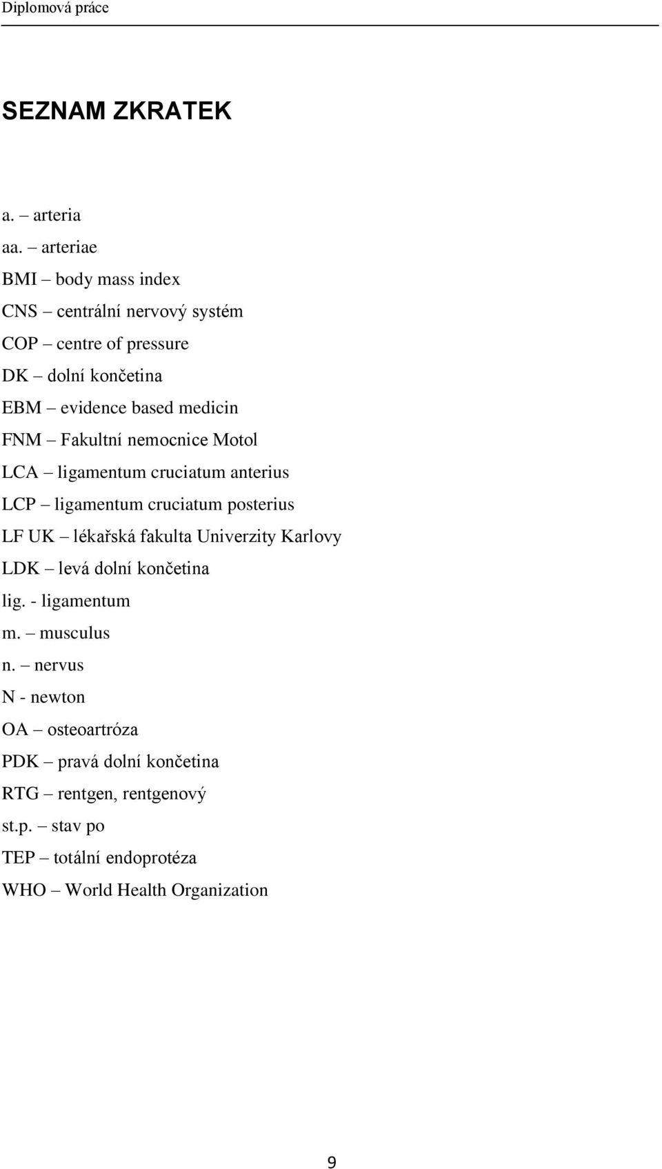 FNM Fakultní nemocnice Motol LCA ligamentum cruciatum anterius LCP ligamentum cruciatum posterius LF UK lékařská fakulta