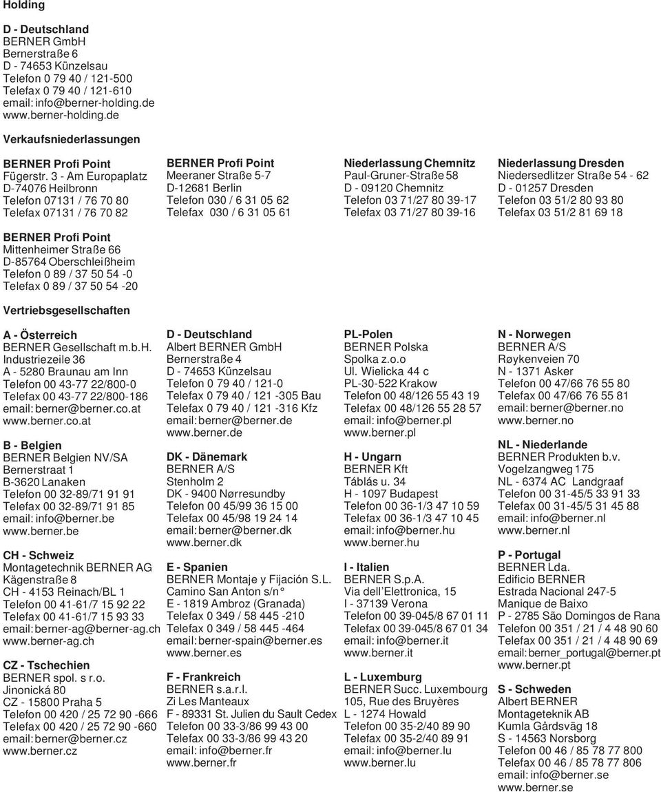 3 - Am Europaplatz D-74076 Heilbronn Telefon 07131 / 76 70 80 Telefax 07131 / 76 70 82 BERNER Profi Point Meeraner Straße 5-7 D-12681 Berlin Telefon 030 / 6 31 05 62 Telefax 030 / 6 31 05 61