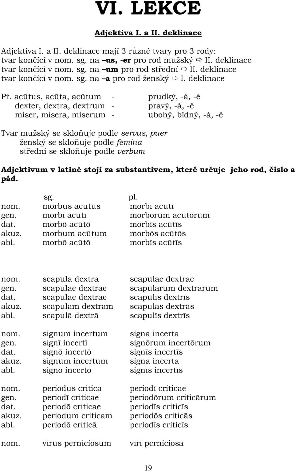 acūtus, acūta, acūtum - prudký, -á, -é dexter, dextra, dextrum - pravý, -á, -é miser, misera, miserum - ubohý, bídný, -á, -é Tvar mužský se skloňuje podle servus, puer ženský se skloňuje podle fēmina