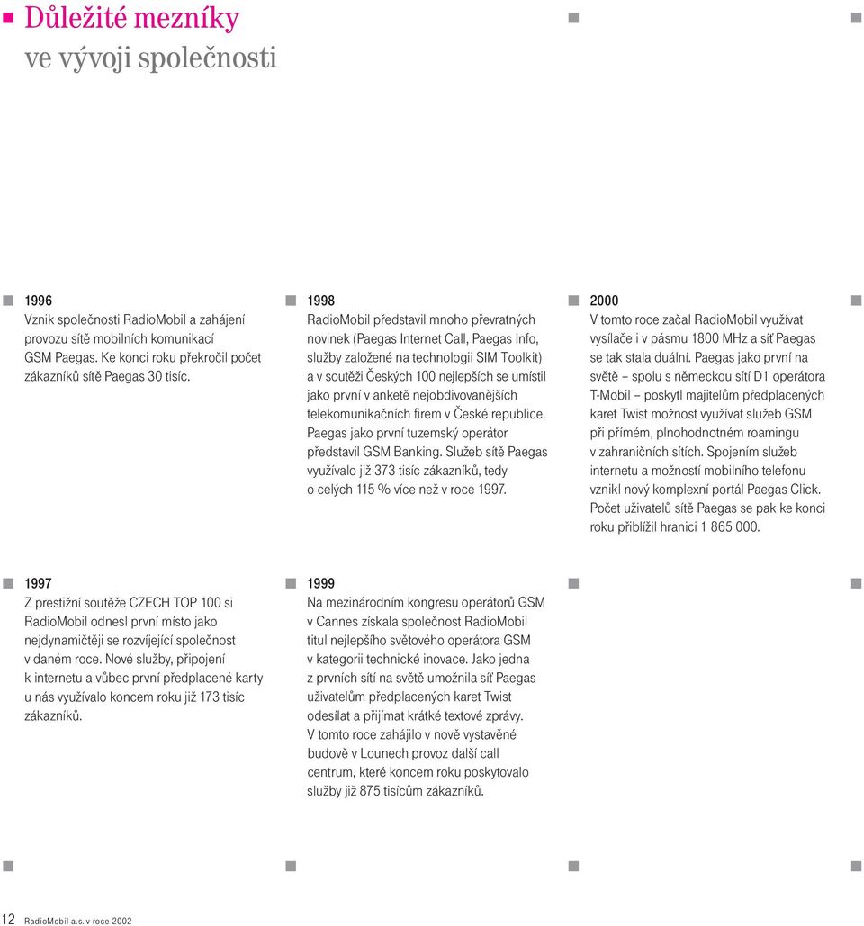 nejobdivovanìjších telekomunikaèních firem v Èeské republice. Paegas jako první tuzemský operátor pøedstavil GSM Banking.