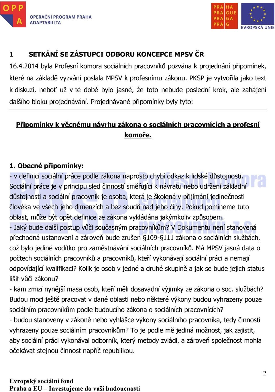 Projednávané připomínky byly tyto: Připomínky k věcnému návrhu zákona o sociálních pracovnících a profesní komoře. 1.