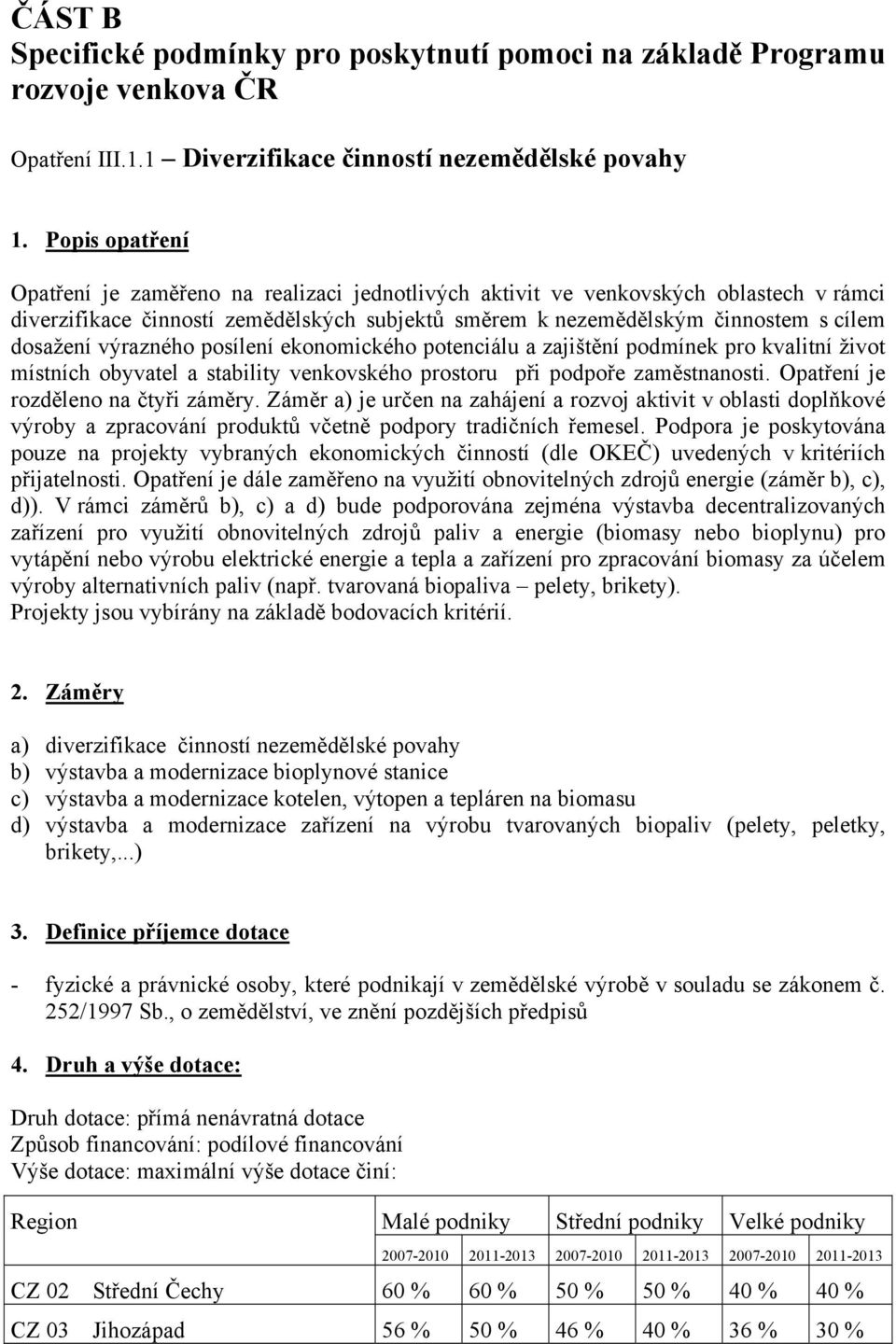 výrazného posílení ekonomického potenciálu a zajištění podmínek pro kvalitní život místních obyvatel a stability venkovského prostoru při podpoře zaměstnanosti. Opatření je rozděleno na čtyři záměry.