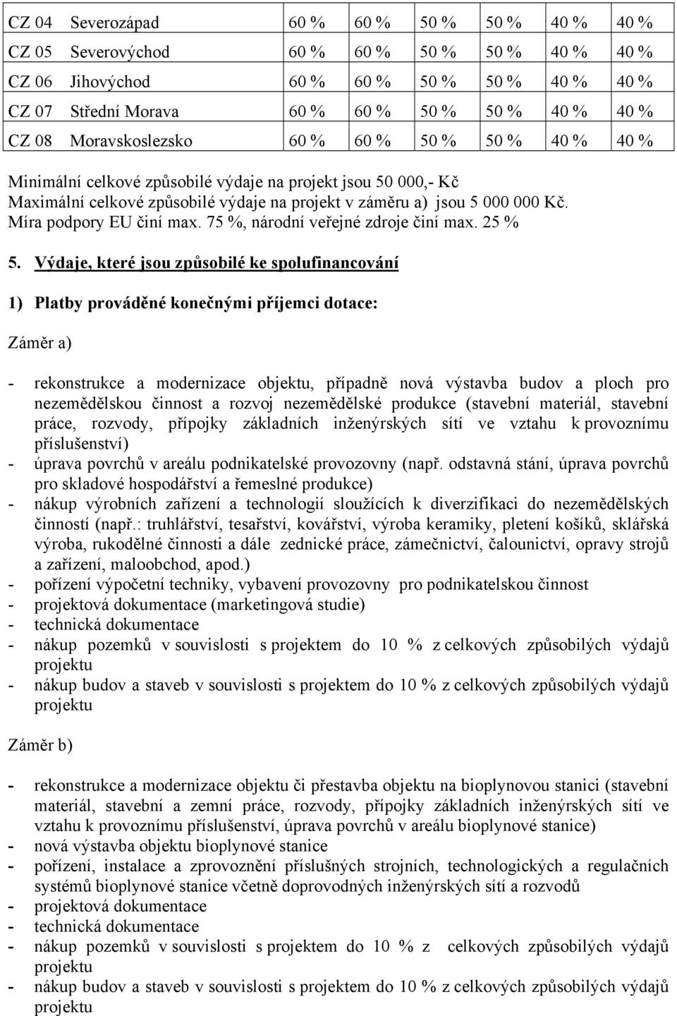 Míra podpory EU činí max. 75 %, národní veřejné zdroje činí max. 25 % 5.