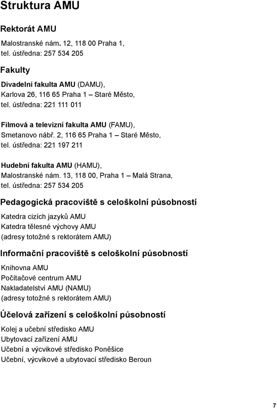 ústředna: 57 5 5 Pedagogická pracoviště s celoškolní působností Katedra cizích jazyků AMU Katedra tělesné výchovy AMU (adresy totožné s rektorátem AMU) Informační pracoviště s celoškolní působností