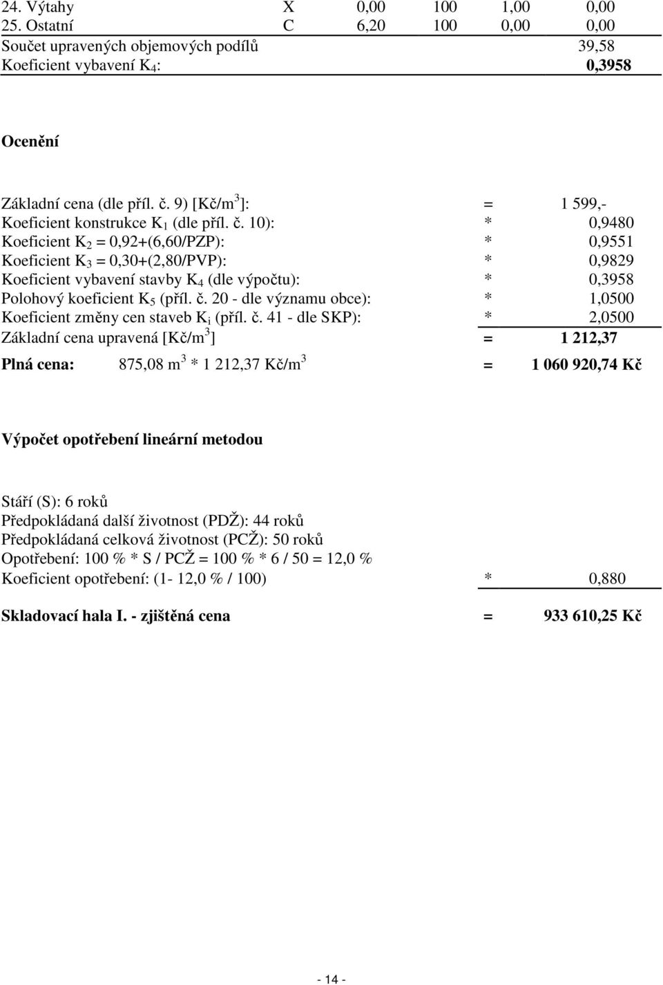 10): * 0,9480 Koeficient K 2 = 0,92+(6,60/PZP): * 0,9551 Koeficient K 3 = 0,30+(2,80/PVP): * 0,9829 Koeficient vybavení stavby K 4 (dle výpočtu): * 0,3958 Polohový koeficient K 5 (příl. č.