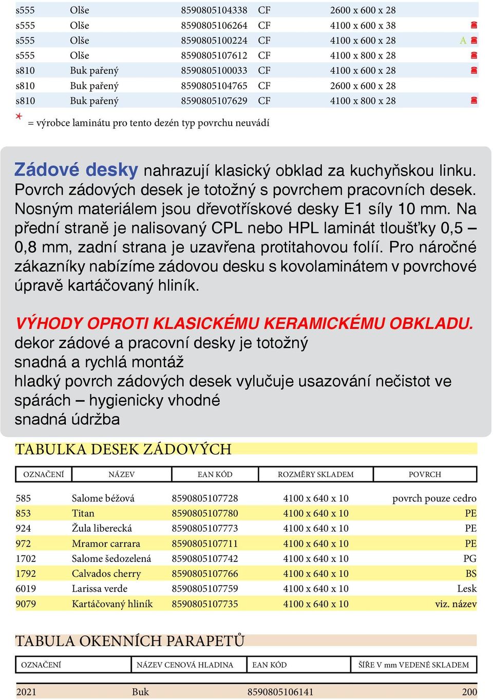 desky nahrazují klasický obklad za kuchyňskou linku. Povrch zádových desek je totožný s povrchem pracovních desek. Nosným materiálem jsou dřevotřískové desky E1 síly 10 mm.