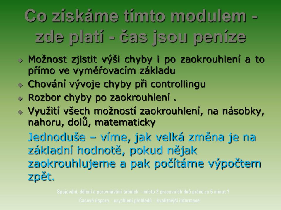 Využití všech možností zaokrouhlení, na násobky, nahoru, dolů, matematicky Jednoduše víme, jak velká změna je na základní hodnotě,