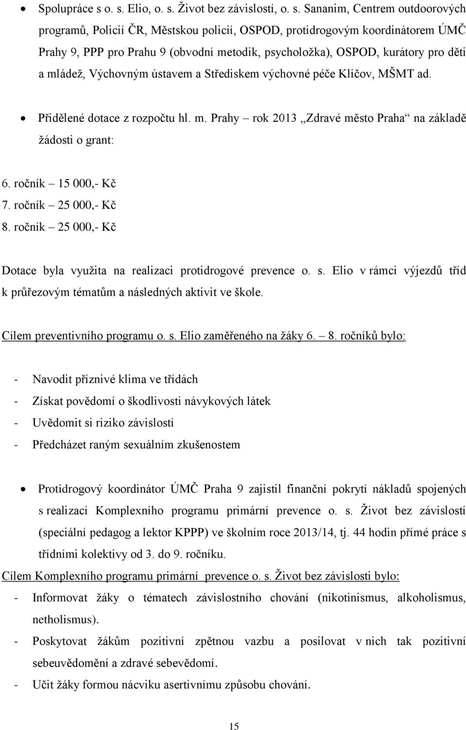 psycholožka), OSPOD, kurátory pro děti a mládež, Výchovným ústavem a Střediskem výchovné péče Klíčov, MŠMT ad. Přidělené dotace z rozpočtu hl. m. Prahy rok 2013 Zdravé město Praha na základě žádosti o grant: 6.