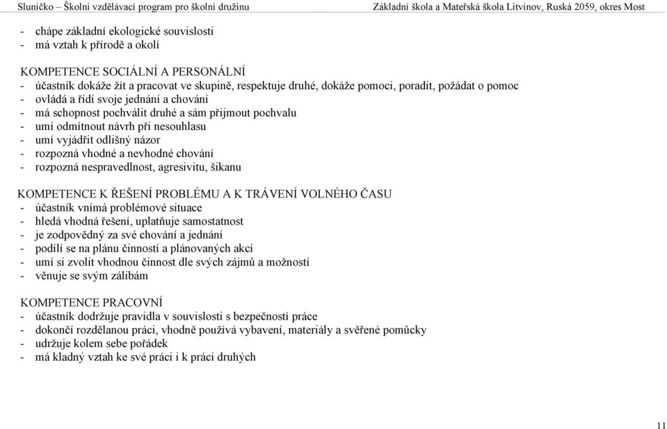 chování - rozpozná nespravedlnost, agresivitu, šikanu KOMPETENCE K ŘEŠENÍ PROBLÉMU A K TRÁVENÍ VOLNÉHO ČASU - účastník vnímá problémové situace - hledá vhodná řešení, uplatňuje samostatnost - je