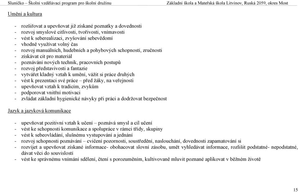 vztah k umění, vážit si práce druhých - vést k prezentaci své práce před žáky, na veřejnosti - upevňovat vztah k tradicím, zvykům - podporovat vnitřní motivaci - zvládat základní hygienické návyky