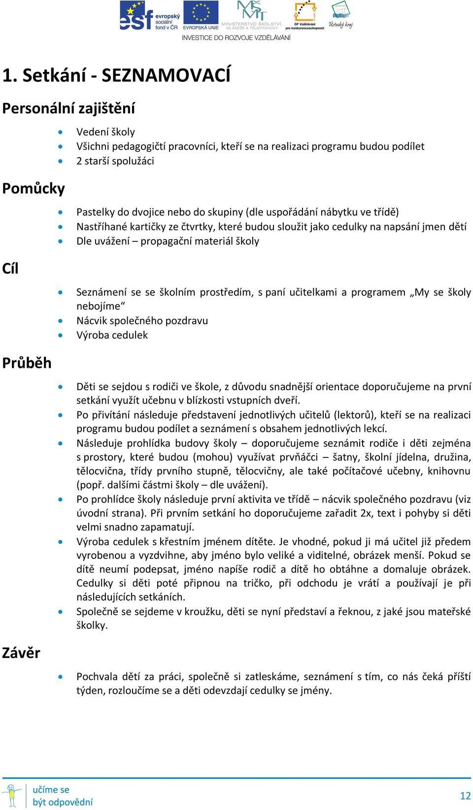 prostředím, s paní učitelkami a programem My se školy nebojíme Nácvik společného pozdravu Výroba cedulek Děti se sejdou s rodiči ve škole, z důvodu snadnější orientace doporučujeme na první setkání