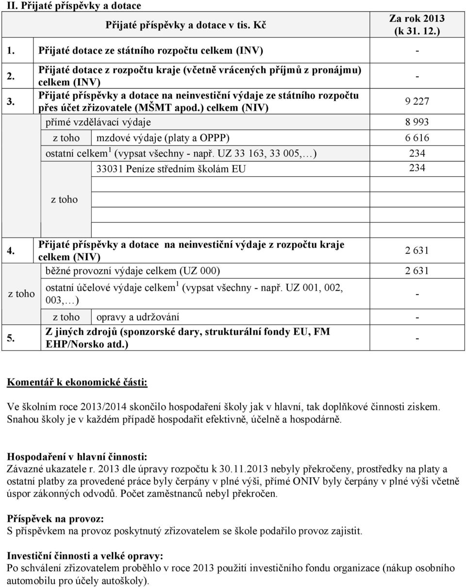 Přijaté dotace z rozpočtu kraje (včetně vrácených příjmů z pronájmu) celkem (INV) - Přijaté příspěvky a dotace na neinvestiční výdaje ze státního rozpočtu přes účet zřizovatele (MŠMT apod.