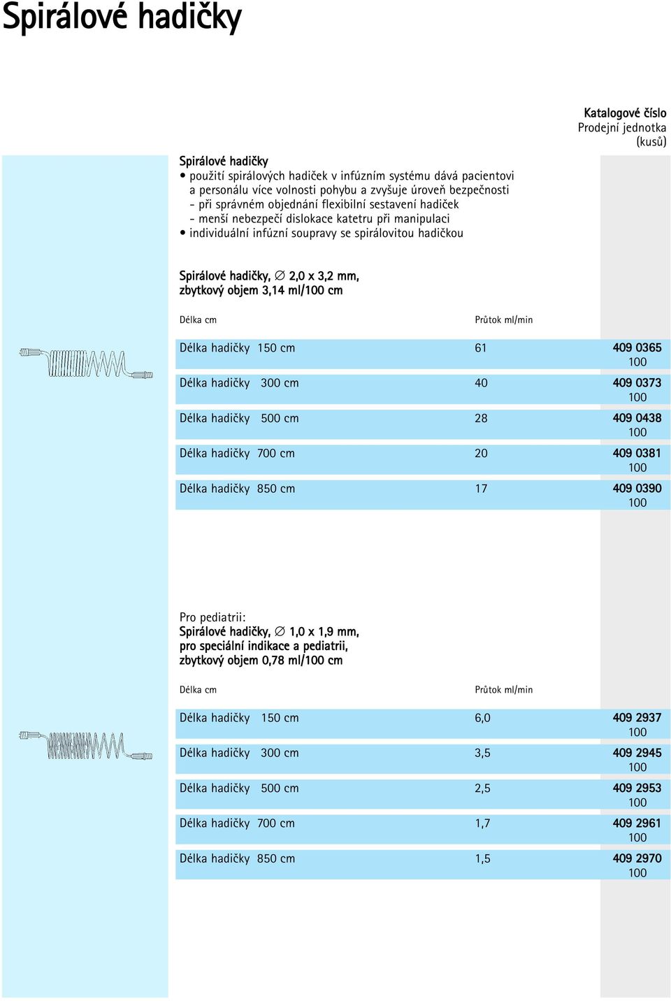 ml/min Délka hadiãky 50 cm 6 409 0365 Délka hadiãky 300 cm 40 409 0373 Délka hadiãky 500 cm 28 409 0438 Délka hadiãky 700 cm 20 409 038 Délka hadiãky 850 cm 7 409 0390 Pro pediatrii: Spirálové