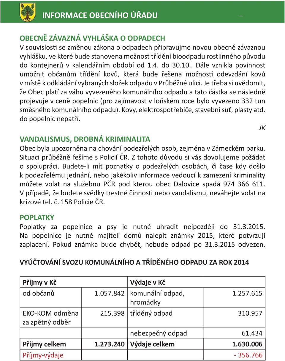 . Dále vznikla povinnost umožnit občanům třídění kovů, která bude řešena možnos odevzdání kovů v místě k odkládání vybraných složek odpadu v Průběžné ulici.