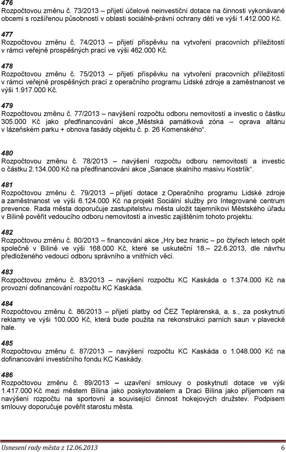 75/2013 přijetí příspěvku na vytvoření pracovních příležitostí v rámci veřejně prospěšných prací z operačního programu Lidské zdroje a zaměstnanost ve výši 1.917.000 Kč. 479 Rozpočtovou změnu č.