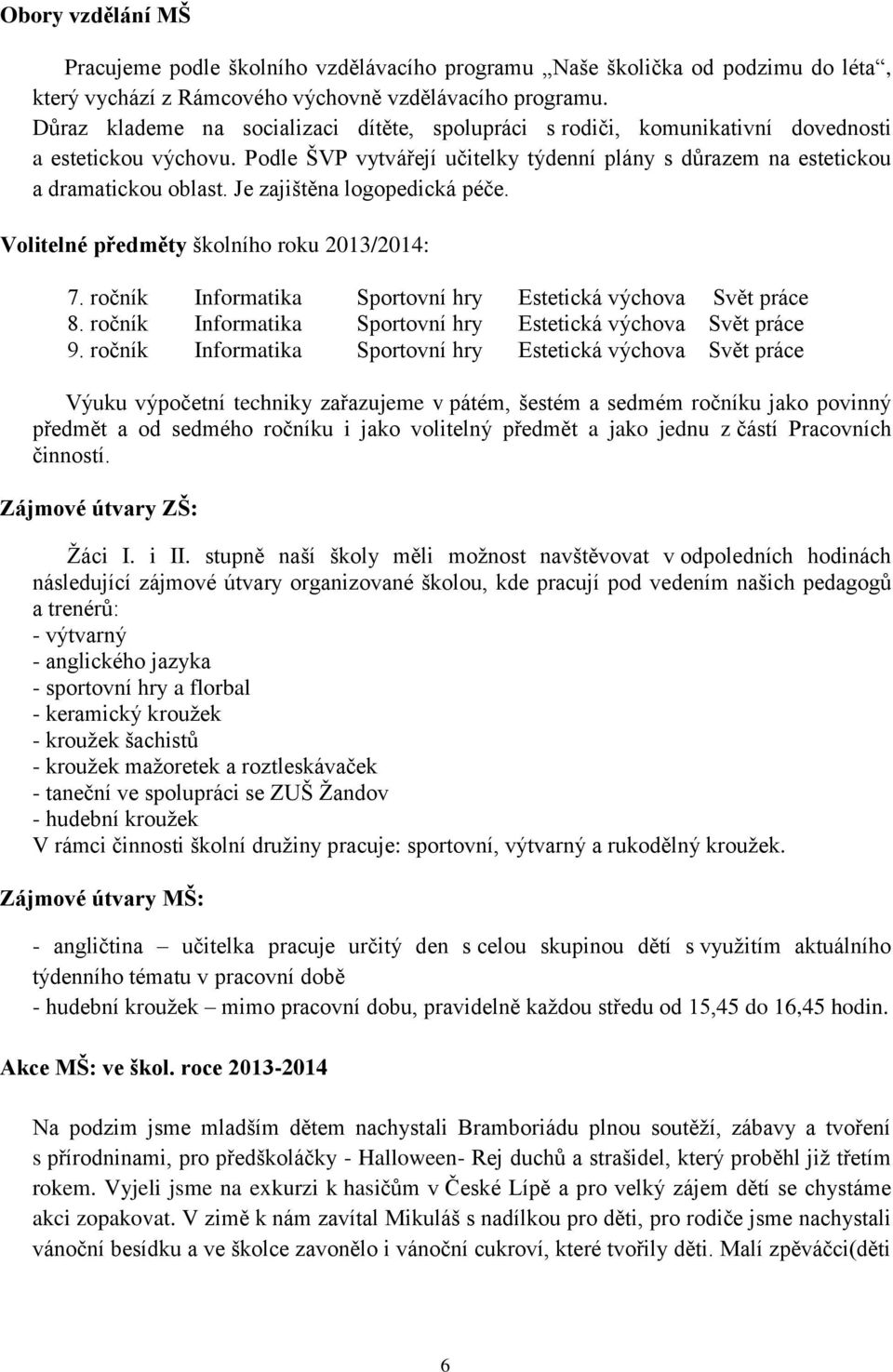 Je zajištěna logopedická péče. Volitelné předměty školního roku 2013/2014: 7. ročník Informatika Sportovní hry Estetická výchova Svět práce 8.