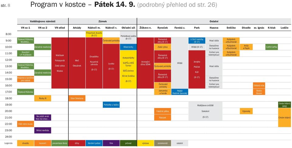 Kožíškem Šípková Růženka, Modlitba 14:00 Zázračná medicína 15:00 16:00 Hrajeme a tančíme pro radost 17:00 Šípková Růženka Maňásek Fotoaparát Zlatá rybka Maska Meč Otesánek 18:00 Rocky IX Sbor Smetana