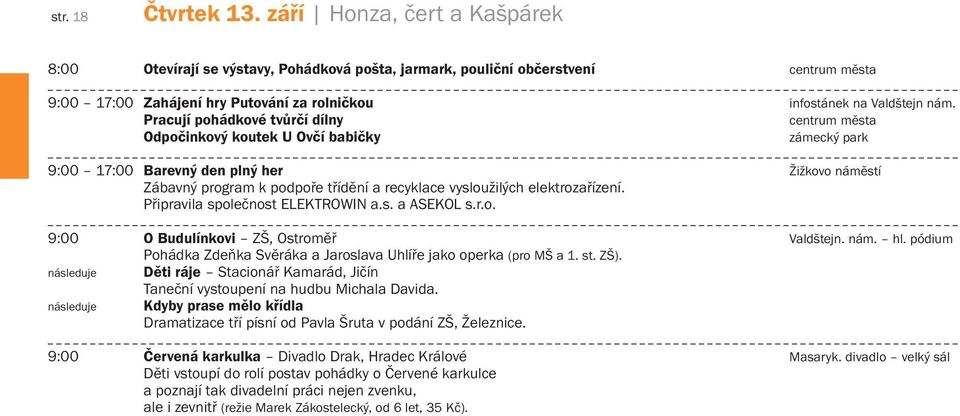 Pracují pohádkové tvůrčí dílny centrum města Odpočinkový koutek U Ovčí babičky zámecký park 9:00 17:00 Barevný den plný her Žižkovo náměstí Zábavný program k podpoře třídění a recyklace vysloužilých