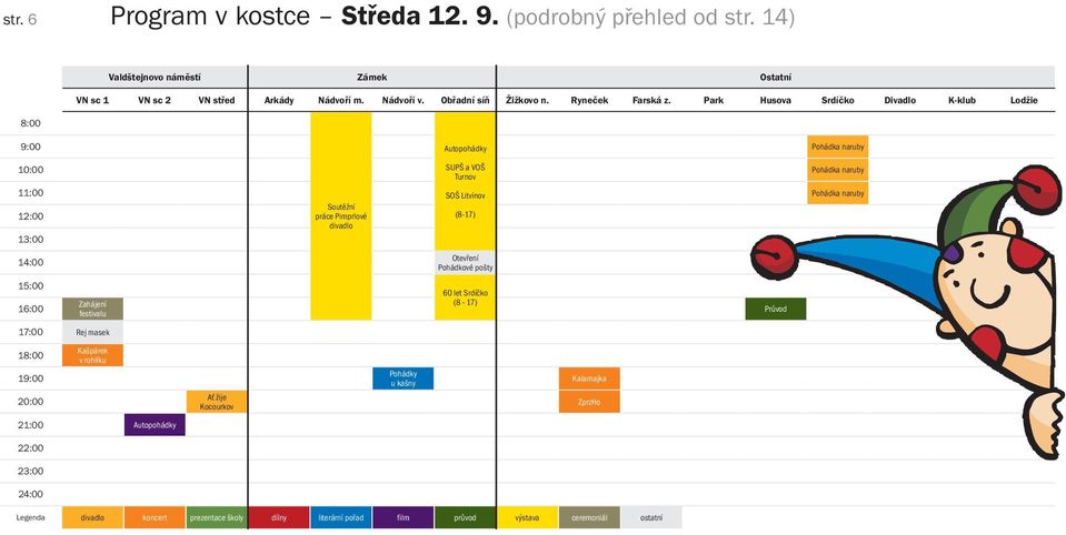 Park Husova Srdíčko Divadlo K-klub Lodžie 8:00 9:00 Autopohádky Pohádka naruby 10:00 SUPŠ a VOŠ Pohádka naruby Turnov 11:00 SOŠ Litvínov Pohádka naruby 12:00 Soutěžní práce Pimprlové