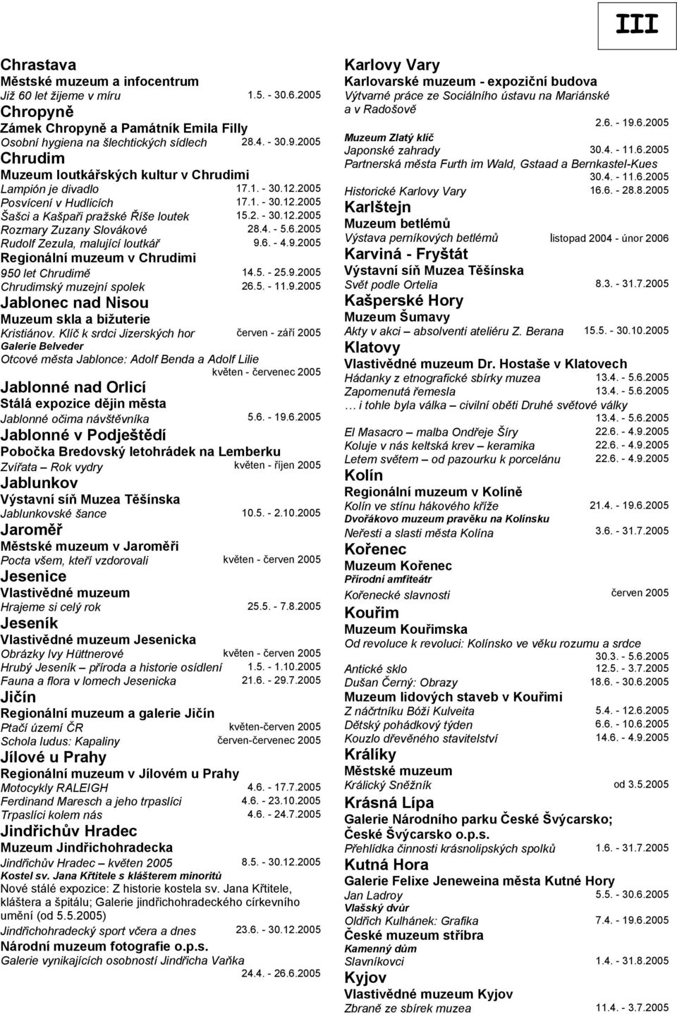 4. - 5.6.2005 Rudolf Zezula, malující loutkář 9.6. - 4.9.2005 Regionální muzeum v Chrudimi 950 let Chrudimě 14.5. - 25.9.2005 Chrudimský muzejní spolek 26.5. - 11.9.2005 Jablonec nad Nisou Muzeum skla a bižuterie Kristiánov.