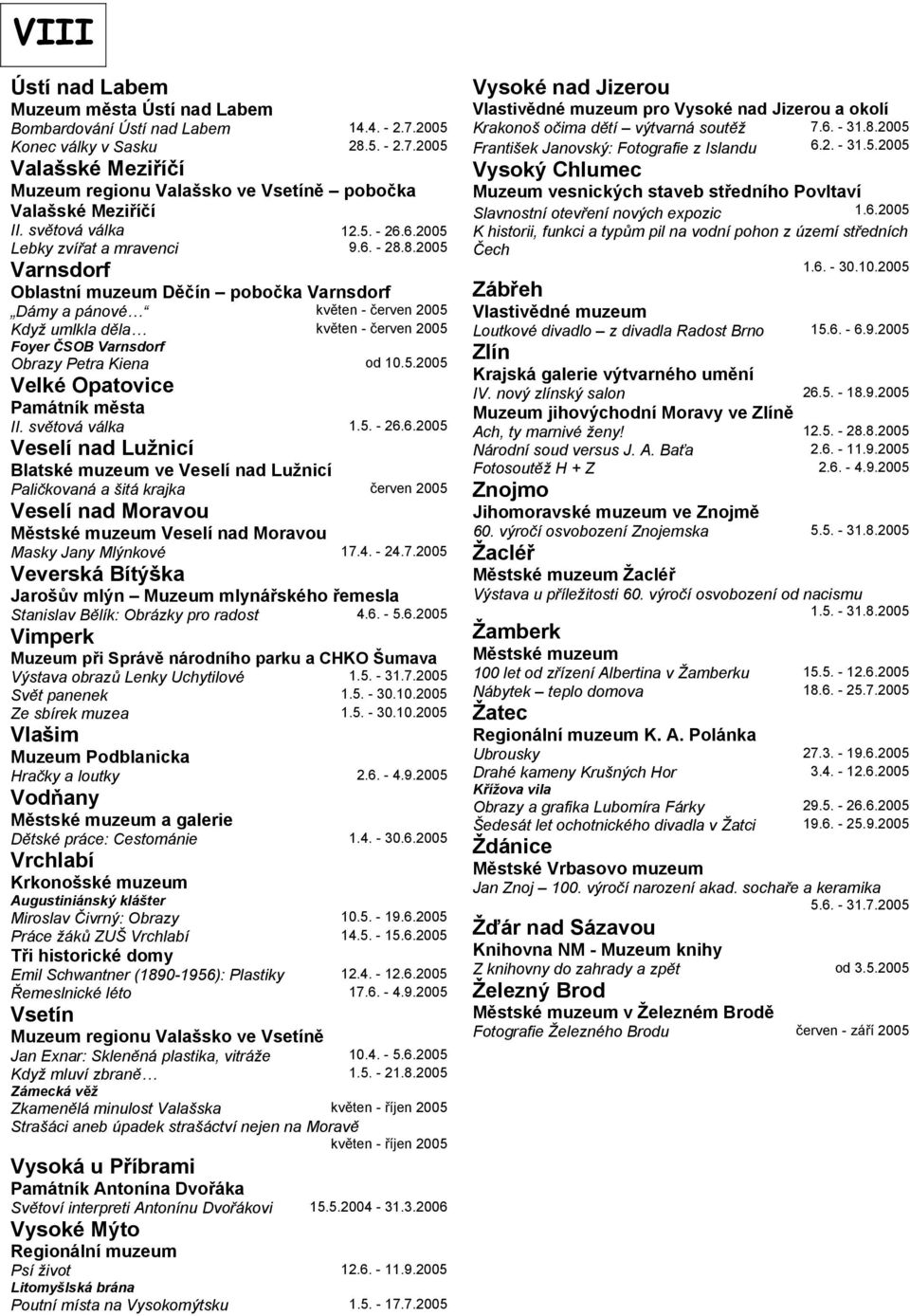 8.2005 Varnsdorf Oblastní muzeum Děčín pobočka Varnsdorf Dámy a pánové květen - červen 2005 Když umlkla děla květen - červen 2005 Foyer ČSOB Varnsdorf Obrazy Petra Kiena od 10.5.2005 Velké Opatovice Památník města II.