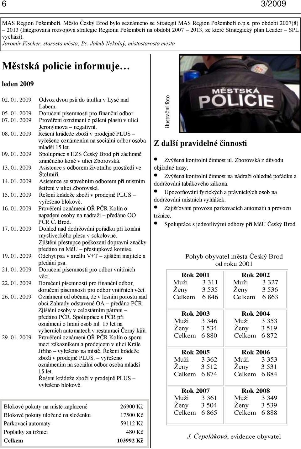 07. 01. 2009 Prověření oznámení o pálení plastů v ulici Jeronýmova negativní. 08. 01. 2009 Řešení krádeţe zboţí v prodejně PLUS vyřešeno oznámením na sociální odbor osoba mladší 15 let. 09. 01. 2009 Spolupráce s HZS Český Brod při záchraně zraněného koně v ulici Zborovská.