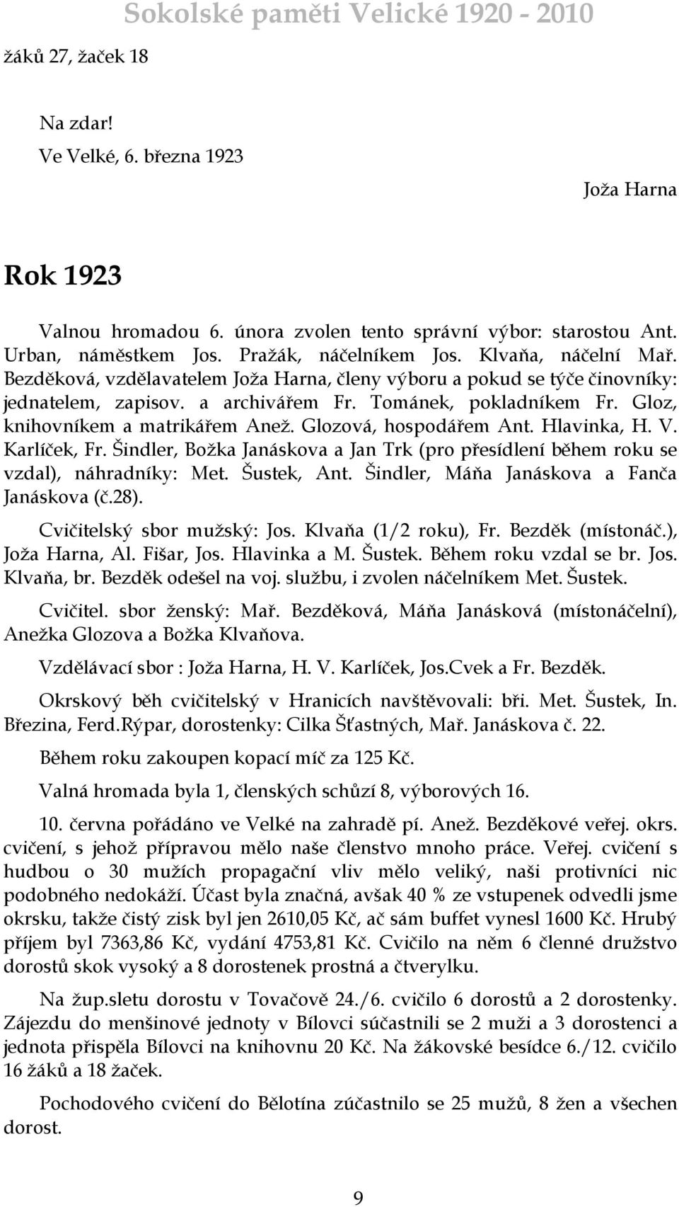 Gloz, knihovníkem a matrikářem Aneţ. Glozová, hospodářem Ant. Hlavinka, H. V. Karlíček, Fr. Šindler, Boţka Janáskova a Jan Trk (pro přesídlení během roku se vzdal), náhradníky: Met. Šustek, Ant.