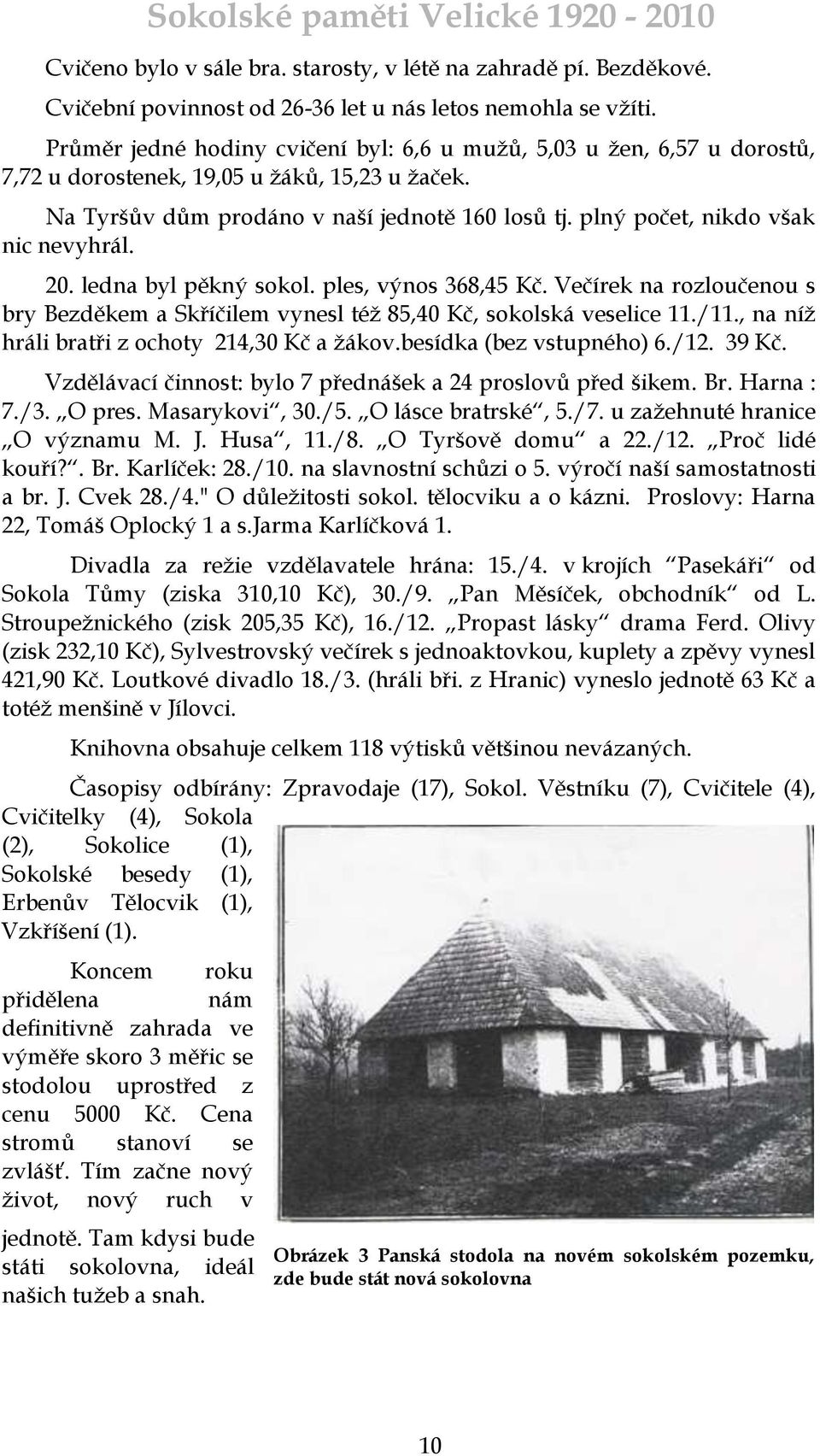 plný počet, nikdo však nic nevyhrál. 20. ledna byl pěkný sokol. ples, výnos 368,45 Kč. Večírek na rozloučenou s bry Bezděkem a Skříčilem vynesl téţ 85,40 Kč, sokolská veselice 11./11.