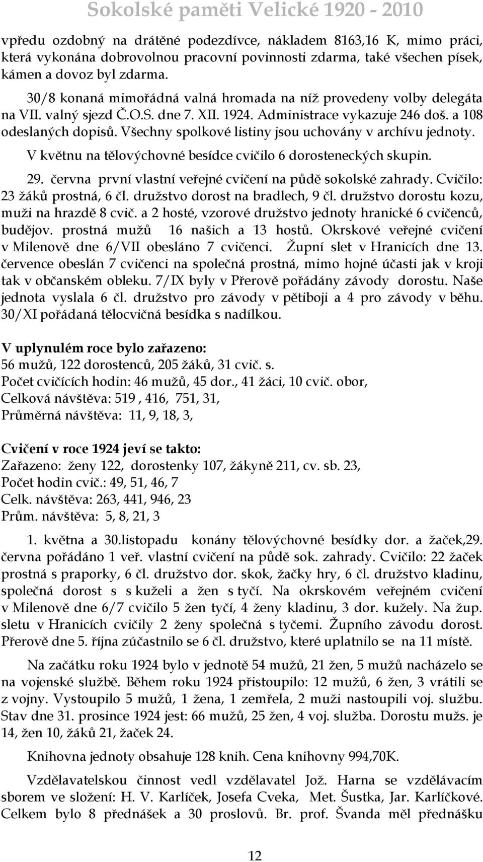 Všechny spolkové listiny jsou uchovány v archívu jednoty. V květnu na tělovýchovné besídce cvičilo 6 dorosteneckých skupin. 29. června první vlastní veřejné cvičení na půdě sokolské zahrady.