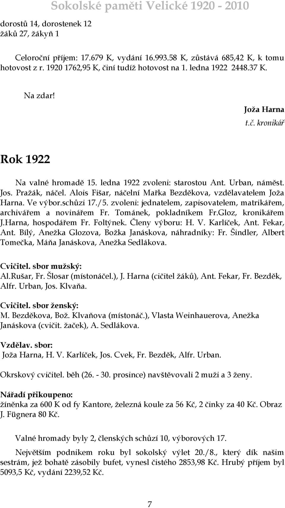 Alois Fišar, náčelní Mařka Bezděkova, vzdělavatelem Joţa Harna. Ve výbor.schůzi 17./5. zvoleni: jednatelem, zapisovatelem, matrikářem, archivářem a novinářem Fr. Tománek, pokladníkem Fr.