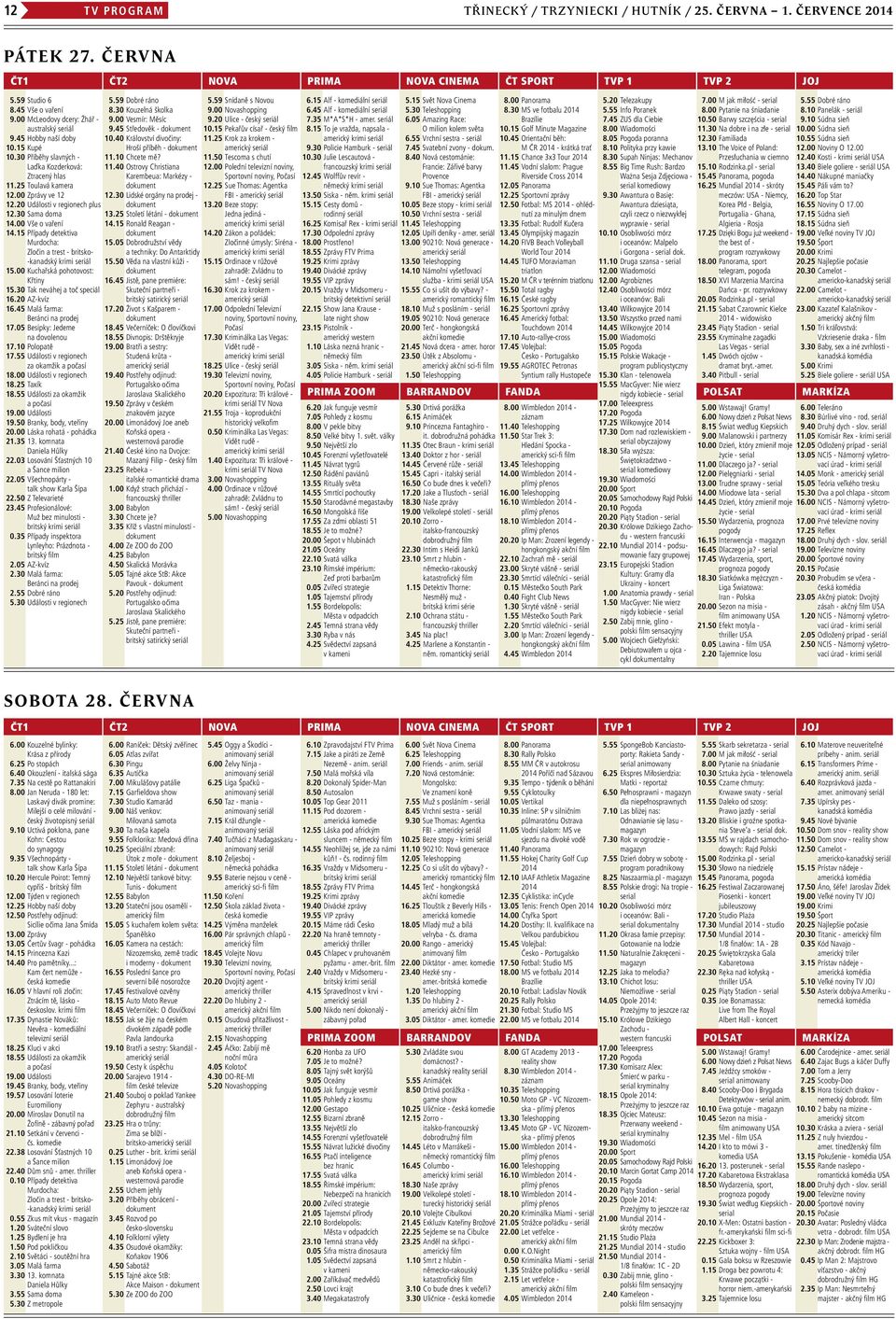 20 Události v regionech plus 12.30 Sama doma 14.00 Vše o vaření 14.15 Případy detektiva Murdocha: Zločin a trest - britsko- -kanadský krimi seriál 15.00 Kuchařská pohotovost: Křtiny 15.