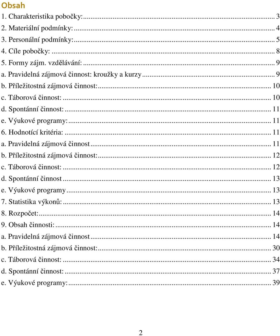 Hodnotící kritéria:... 11 a. Pravidelná zájmová činnost... 11 b. Příležitostná zájmová činnost:... 12 c. Táborová činnost:... 12 d. Spontánní činnost... 13 e. Výukové programy... 13 7.