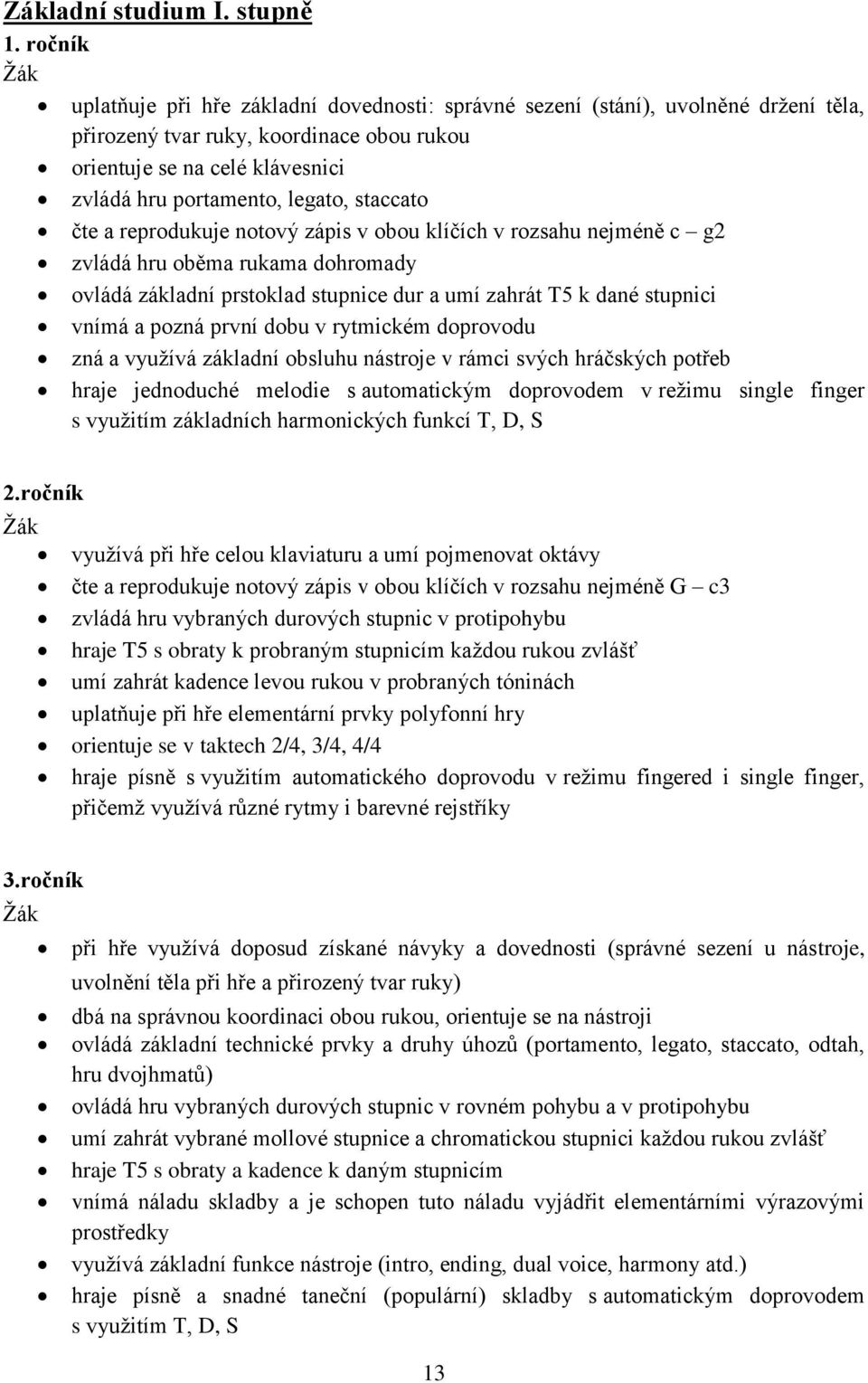 staccato čte a reprodukuje notový zápis v obou klíčích v rozsahu nejméně c g2 zvládá hru oběma rukama dohromady ovládá základní prstoklad stupnice dur a umí zahrát T5 k dané stupnici vnímá a pozná