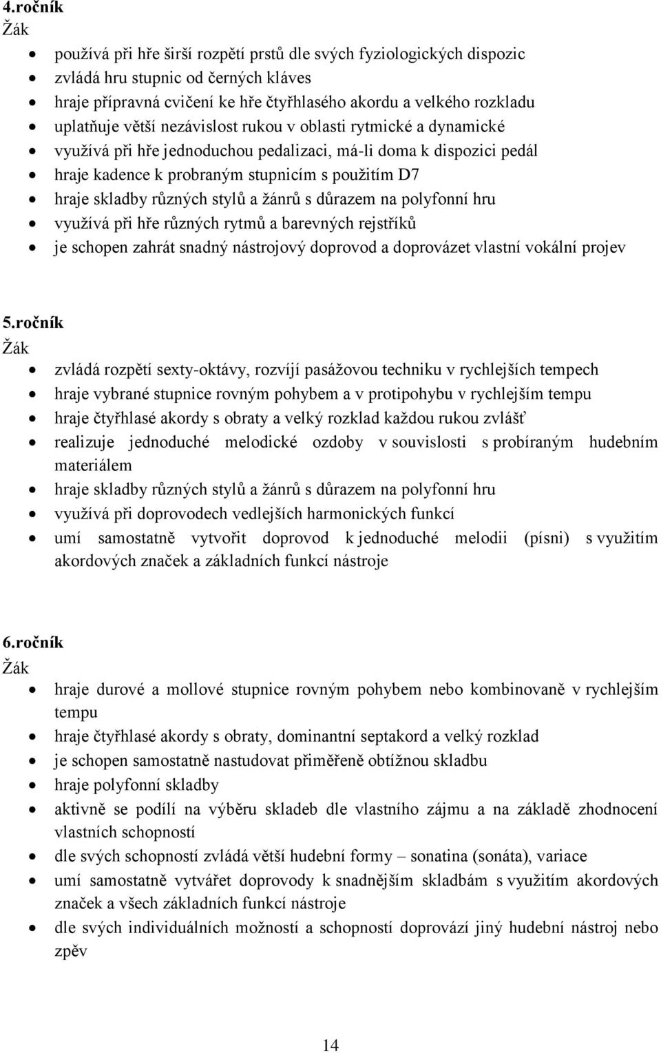 stylů a žánrů s důrazem na polyfonní hru využívá při hře různých rytmů a barevných rejstříků je schopen zahrát snadný nástrojový doprovod a doprovázet vlastní vokální projev 5.