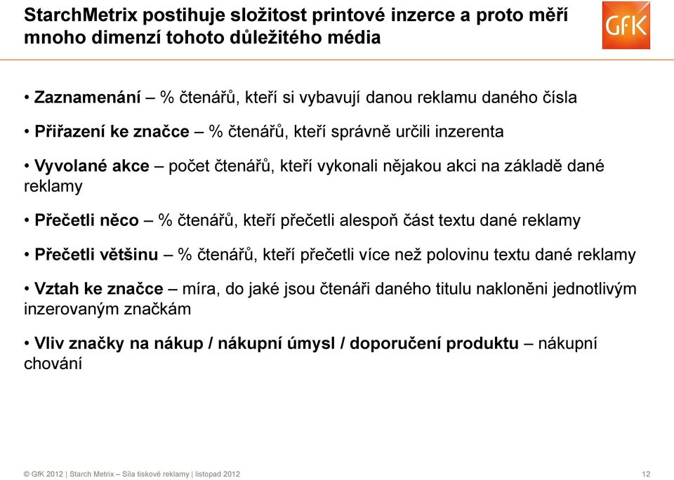 přečetli alespoň část textu dané reklamy Přečetli většinu % čtenářů, kteří přečetli více než polovinu textu dané reklamy Vztah ke značce míra, do jaké jsou čtenáři daného