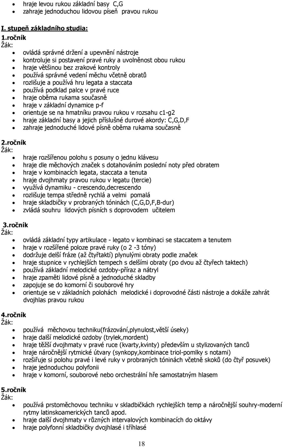 používá hru legata a staccata používá podklad palce v pravé ruce hraje oběma rukama současně hraje v základní dynamice p-f orientuje se na hmatníku pravou rukou v rozsahu c1-g2 hraje základní basy a