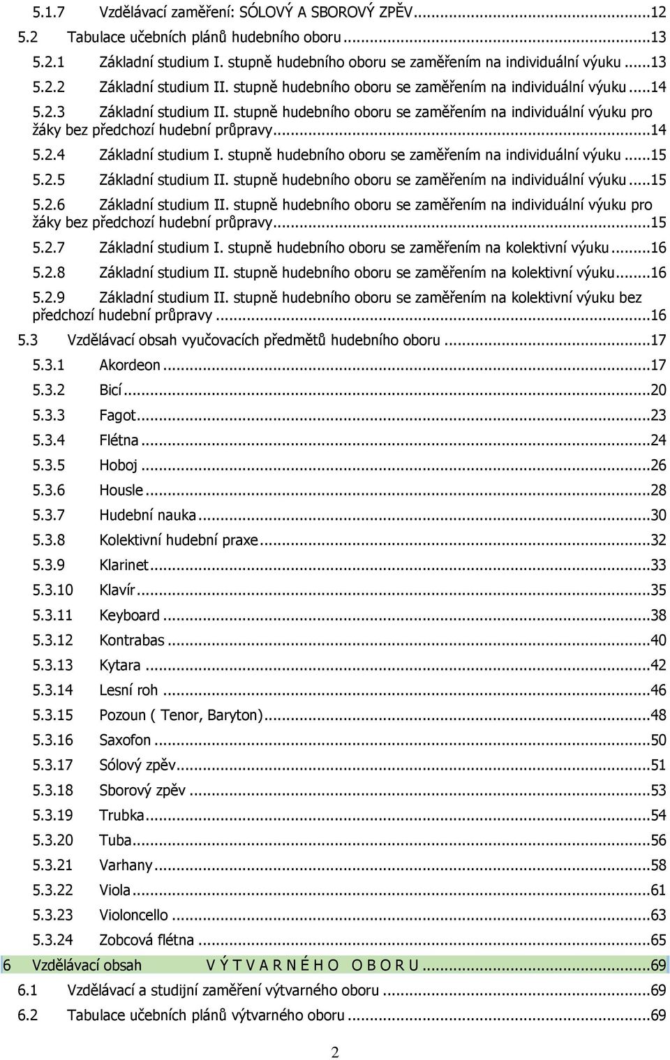 stupně hudebního oboru se zaměřením na individuální výuku...15 5.2.5 Základní studium II. stupně hudebního oboru se zaměřením na individuální výuku...15 5.2.6 Základní studium II.