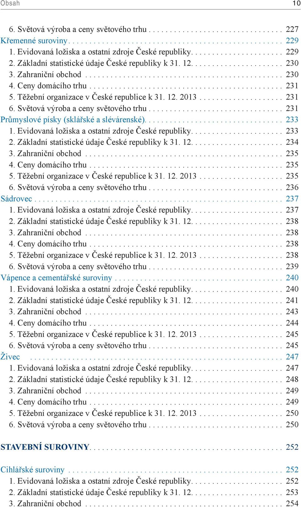 .. 231 Průmyslové písky (sklářské a slévárenské)... 233 1. Evidovaná ložiska a ostatní zdroje České republiky... 233 2. Základní statistické údaje České republiky k 31. 12.... 234 3.