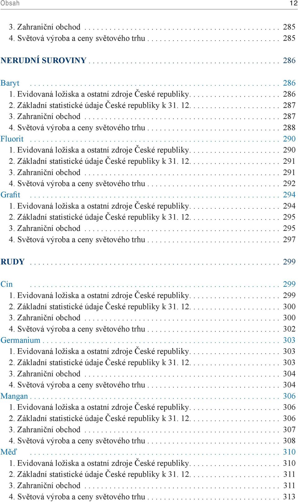 Evidovaná ložiska a ostatní zdroje České republiky... 290 2. Základní statistické údaje České republiky k 31. 12.... 291 3. Zahraniční obchod... 291 4. Světová výroba a ceny světového trhu.