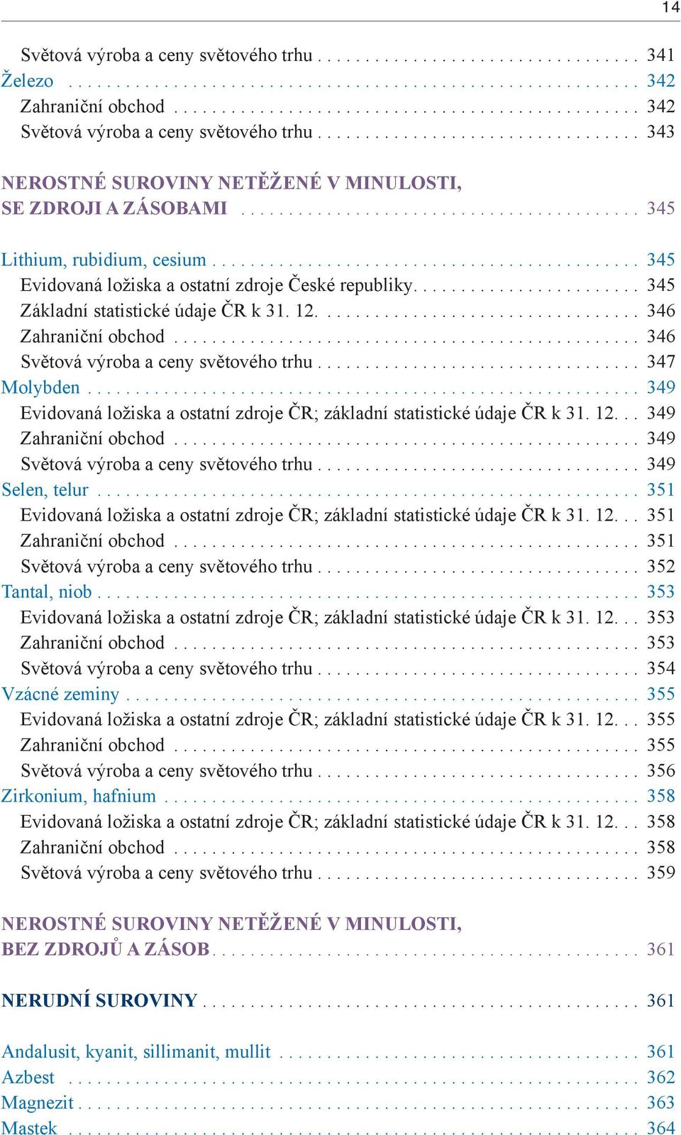 .. 346 Světová výroba a ceny světového trhu... 347 Molybden... 349 Evidovaná ložiska a ostatní zdroje ČR; základní statistické údaje ČR k 31. 12... 349 Zahraniční obchod.