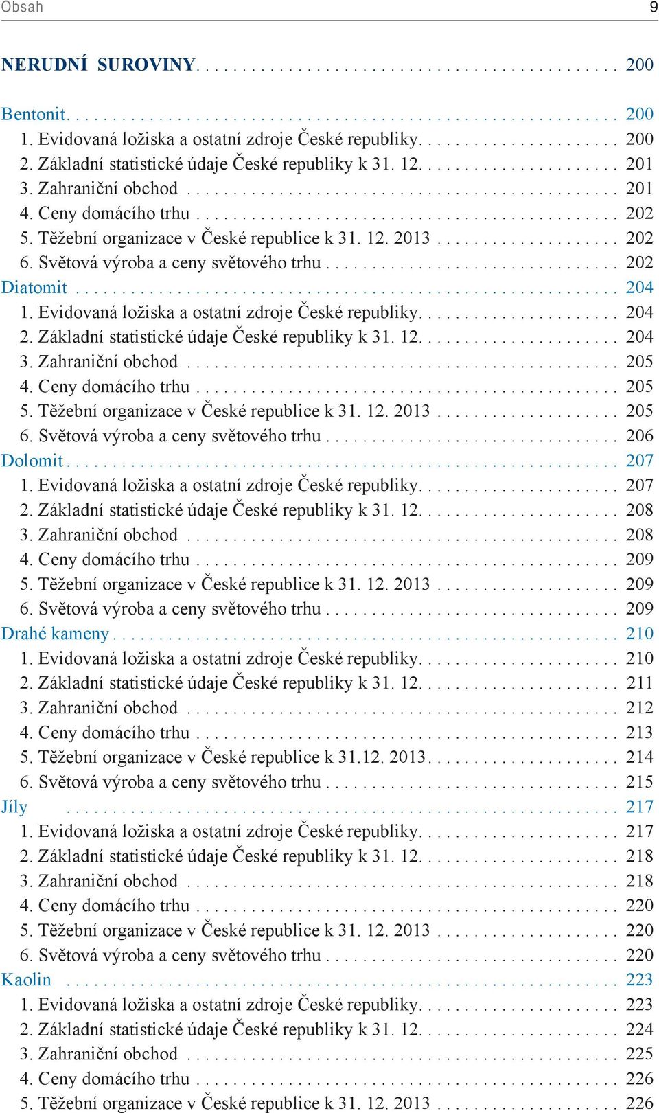 Světová výroba a ceny světového trhu... 202 Diatomit... 204 1. Evidovaná ložiska a ostatní zdroje České republiky... 204 2. Základní statistické údaje České republiky k 31. 12.... 204 3.