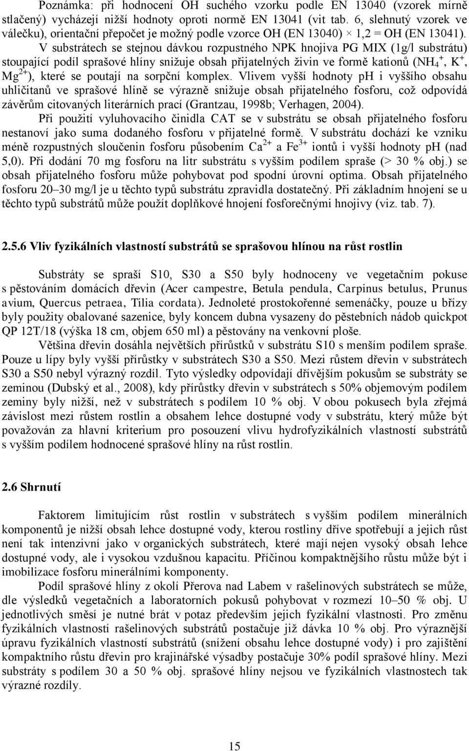 V substrátech se stejnou dávkou rozpustného NPK hnojiva PG MIX (1g/l substrátu) stoupající podíl sprašové hlíny snižuje obsah přijatelných živin ve formě kationů (NH 4 +, K +, Mg 2+ ), které se