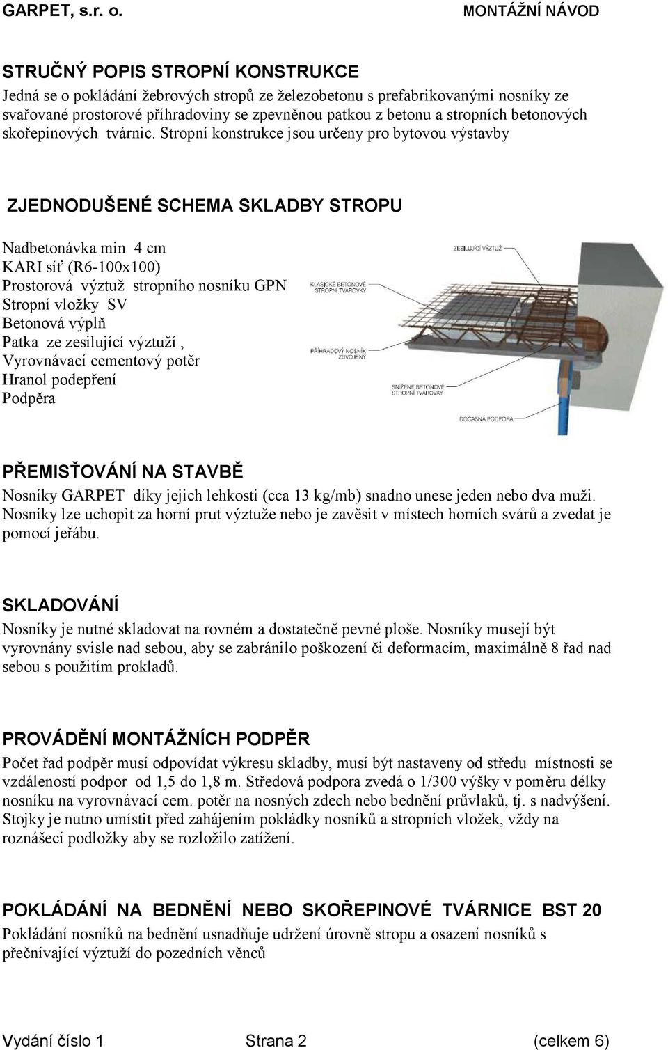 GPN Stropní vložky SV Betonová výplň Patka ze zesilující výztuží, Vyrovnávací cementový potěr Hranol podepření Podpěra PŘEMISŤOVÁNÍ NA STAVBĚ Nosníky GARPET díky jejich lehkosti (cca 13 kg/mb) snadno