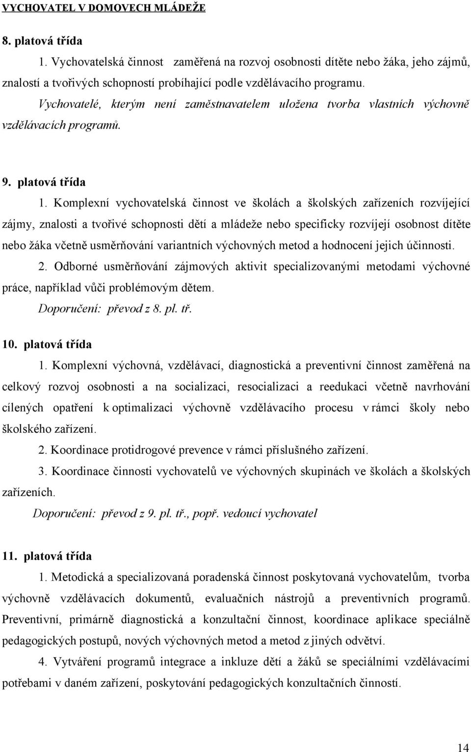 Vychovatelé, kterým není zaměstnavatelem uložena tvorba vlastních výchovně vzdělávacích programů. 9. platová třída 1.