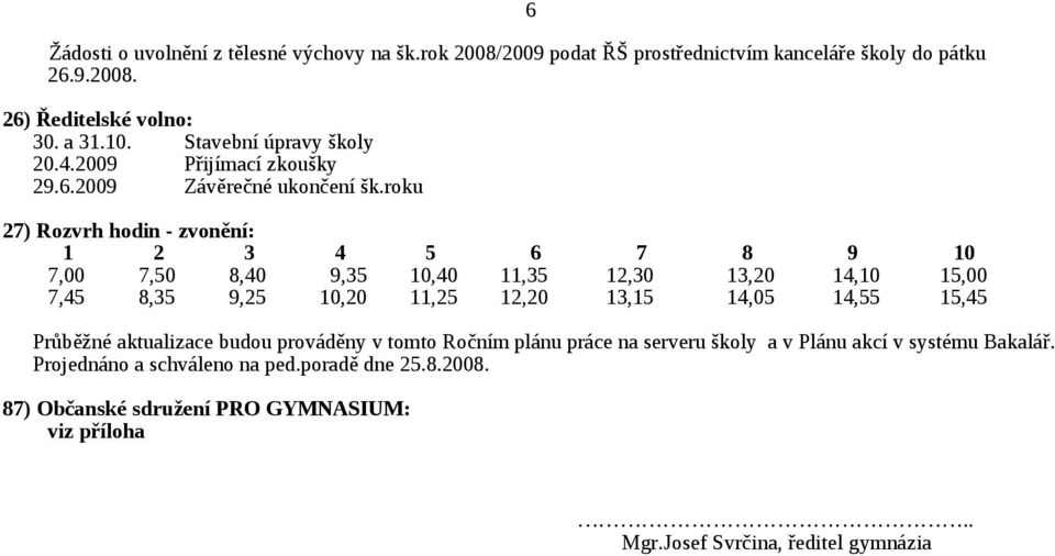 roku 27) Rozvrh hodin - zvonění: 1 2 3 4 5 6 7 8 9 10 7,00 7,50 8,40 9,35 10,40 11,35 12,30 13,20 14,10 15,00 7,45 8,35 9,25 10,20 11,25 12,20 13,15 14,05 14,55