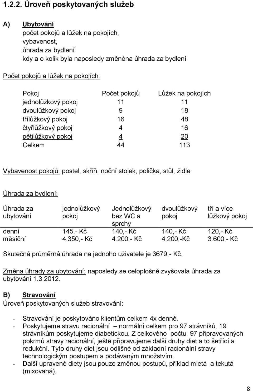 postel, skříň, noční stolek, polička, stůl, židle Úhrada za bydlení: Úhrada za ubytování jednolůžkový pokoj Jednolůžkový bez WC a sprchy dvoulůžkový pokoj tří a více lůžkový pokoj denní 145,- Kč