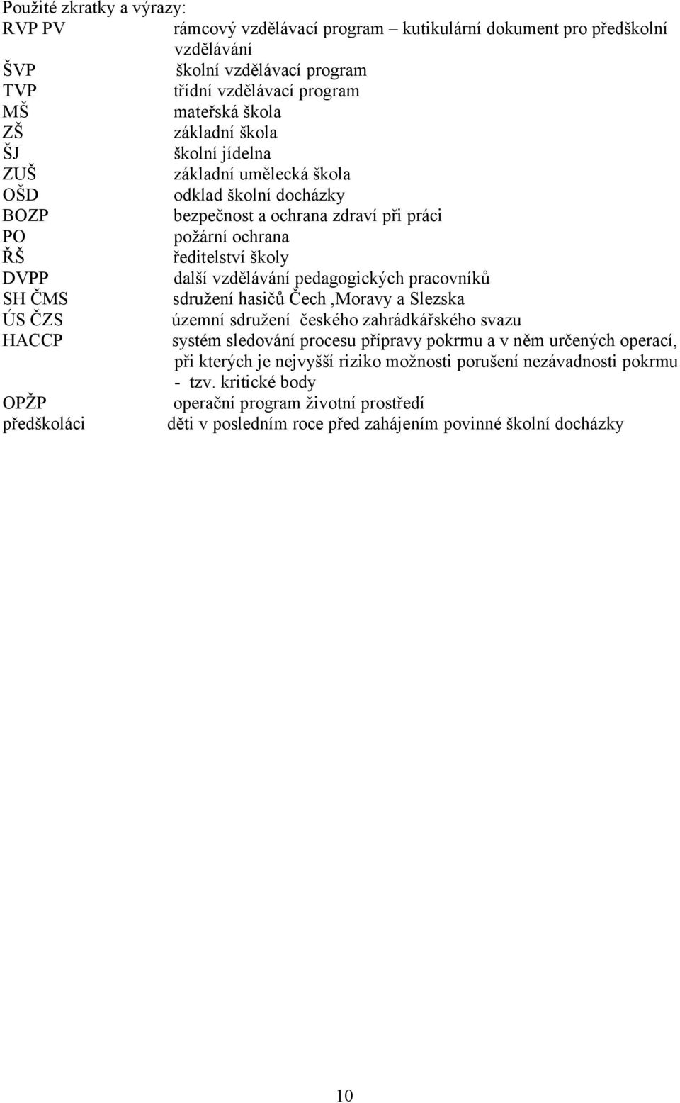 pedagogických pracovníků SH ČMS sdružení hasičů Čech,Moravy a Slezska ÚS ČZS územní sdružení českého zahrádkářského svazu HACCP systém sledování procesu přípravy pokrmu a v něm určených operací,