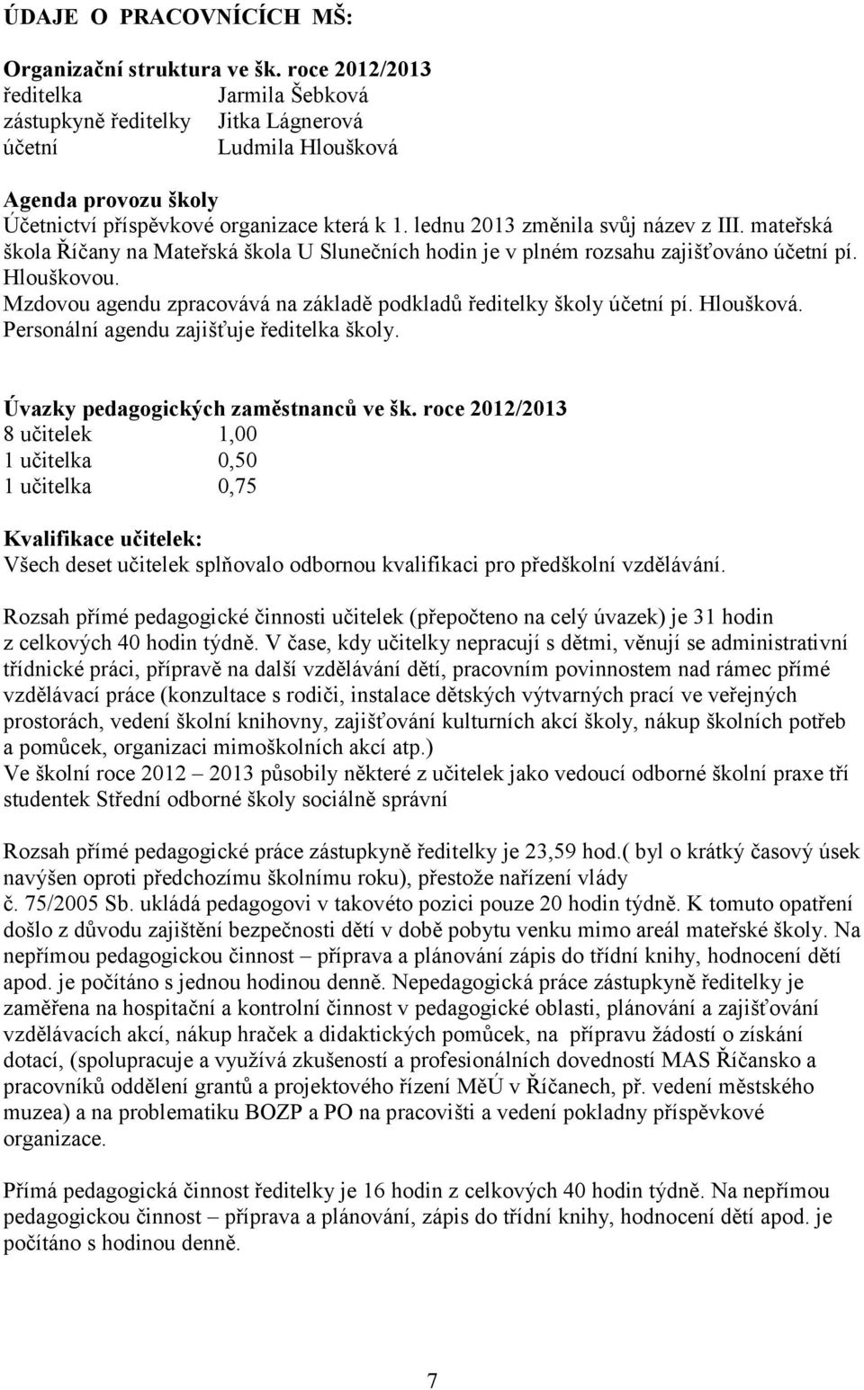 lednu 2013 změnila svůj název z III. mateřská škola Říčany na Mateřská škola U Slunečních hodin je v plném rozsahu zajišťováno účetní pí. Hlouškovou.