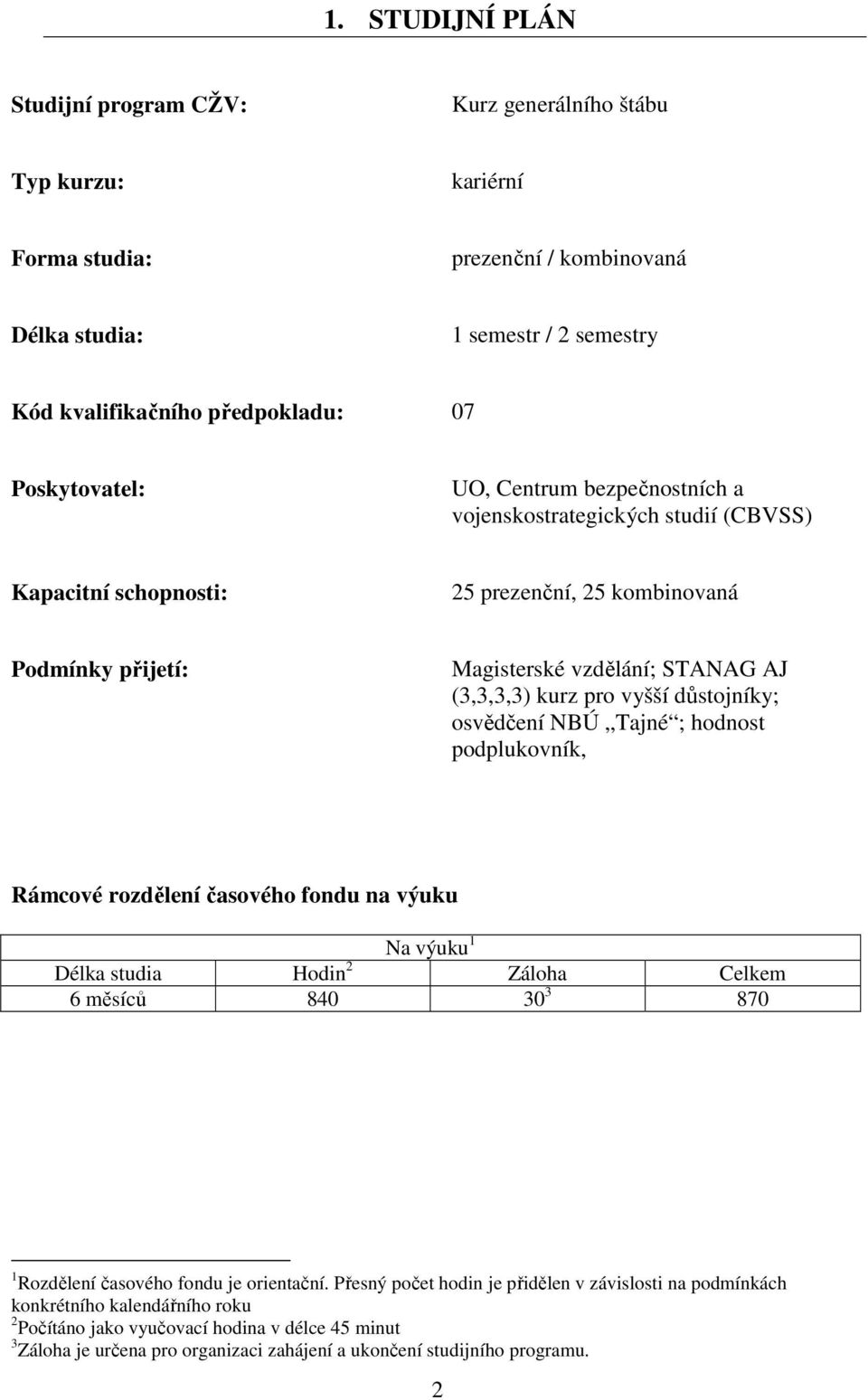 vyšší důstojníky; osvědčení NBÚ Tajné ; hodnost podplukovník, Rámcové rozdělení časového fondu na výuku Na výuku 1 Délka studia Hodin 2 Záloha Celkem 6 měsíců 840 30 3 870 1 Rozdělení časového fondu