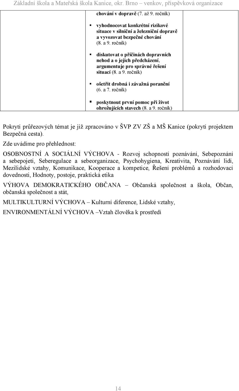 ročník) poskytnout první pomoc při život ohrožujících stavech (8. a 9. ročník) Pokrytí průřezových témat je již zpracováno v ŠVP ZV ZŠ a MŠ Kanice (pokrytí projektem Bezpečná cesta).